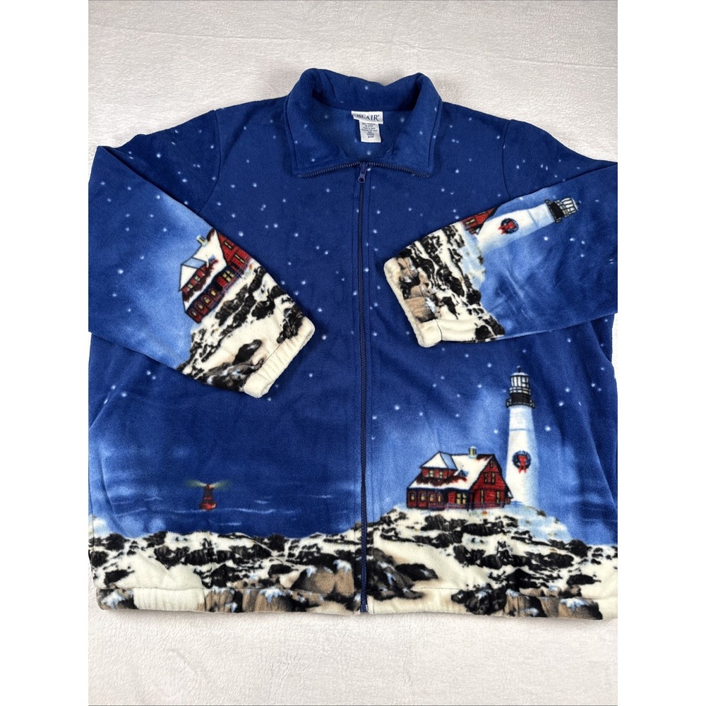 Vintage Blair Blue Lighthouse Fleece Mock Neck Zip Up Jacket Size 2XL